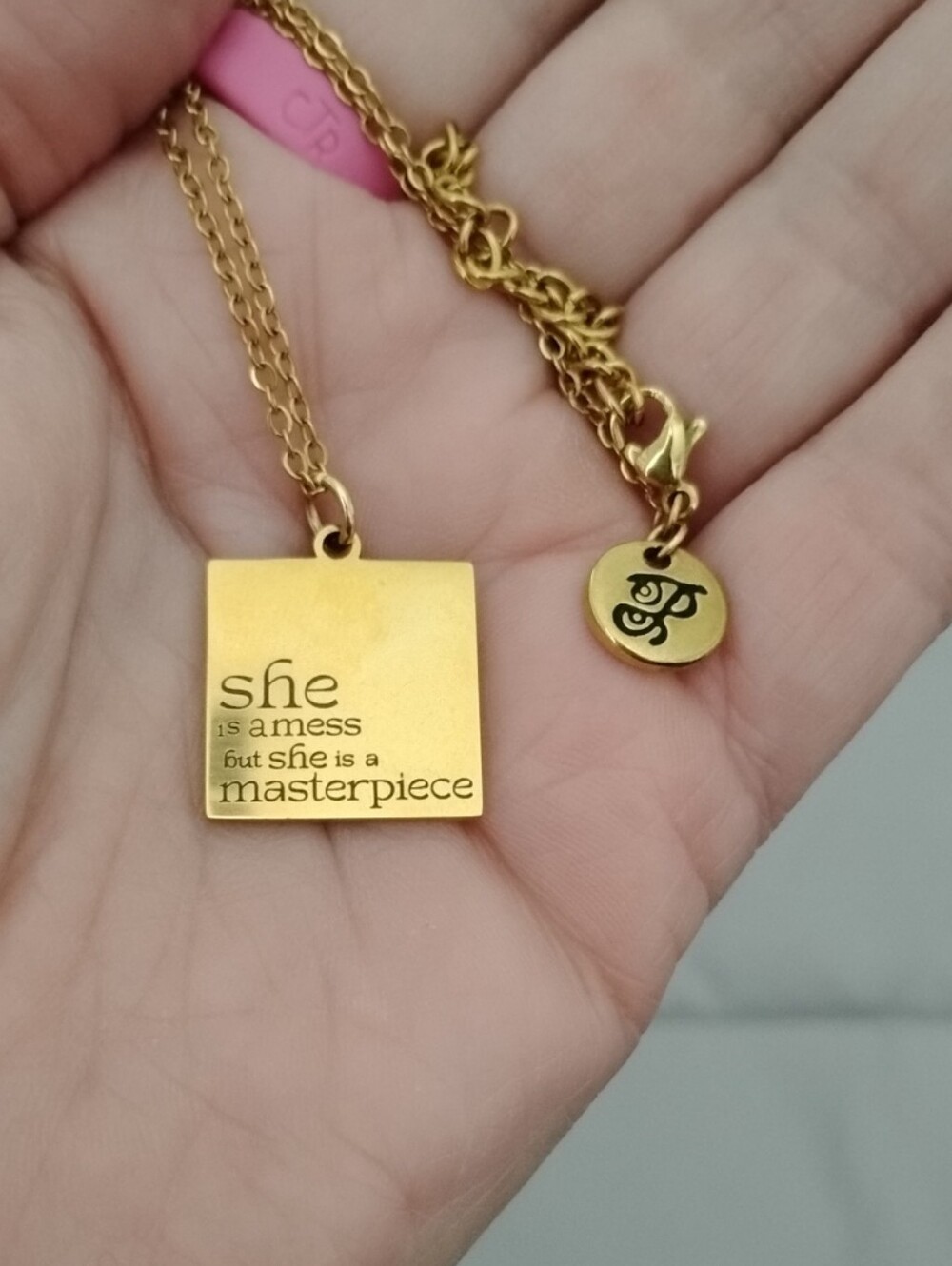 Gold Tone Inspirational Square Pendant Necklace - She Is A Masterpiece